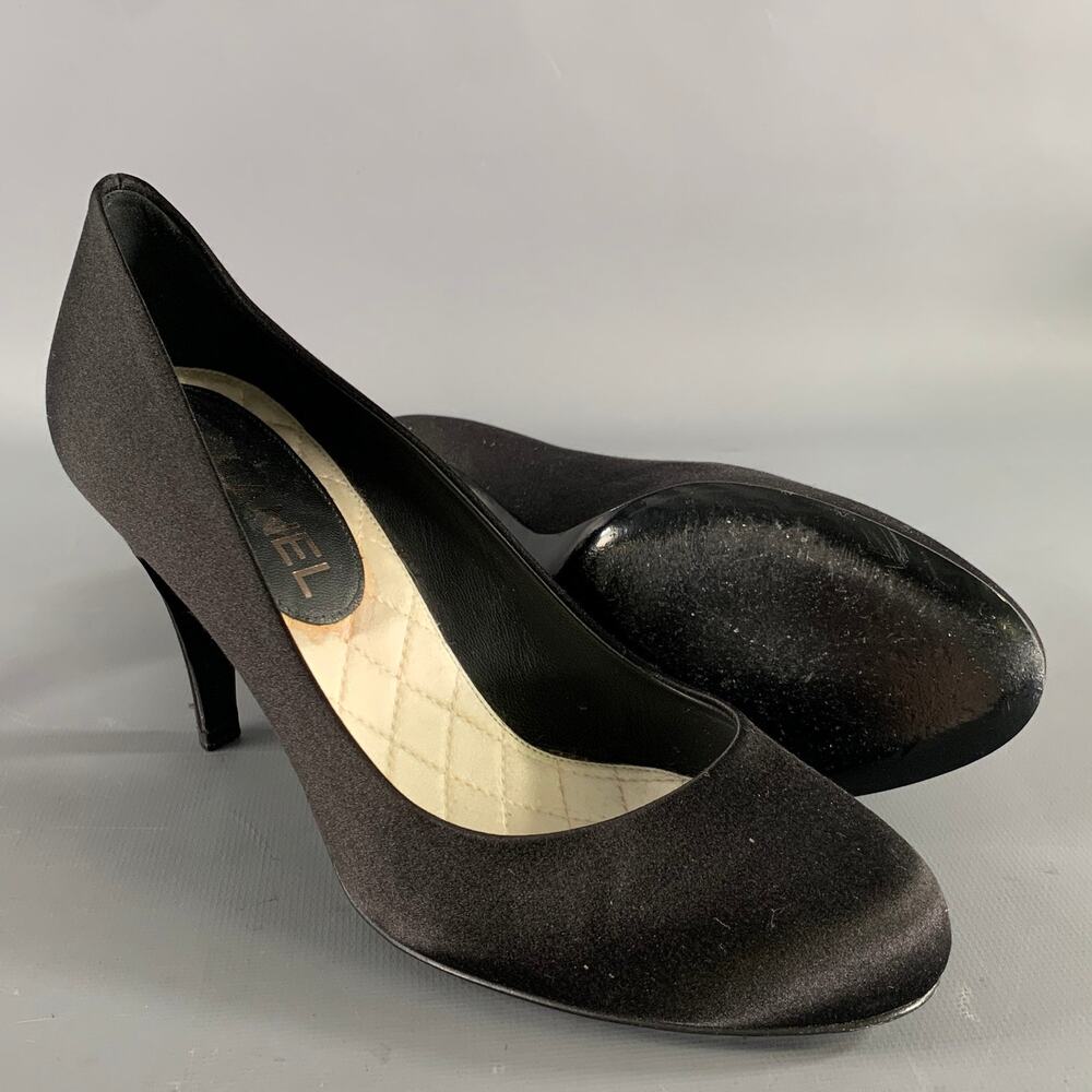 CHANEL Size 7.5 Black Satin Round Toe Pumps - Picture 5 of 8